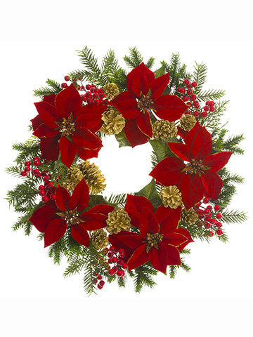 24" Poinsettia/Berry/Pine Cone/Pine Wreath Red Gold (pack of 1)