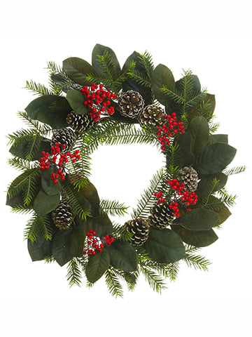 24" Magnolia Leaf/Berry/Pine Cone/Pine Wreath Red Green (pack of 1)