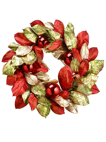 26" Ornament Ball/Magnolia Leaf Wreath Red Green (pack of 2)