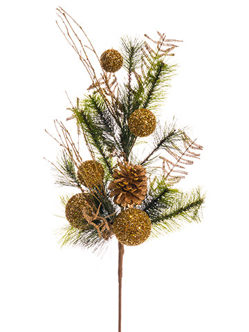25" Glittered Ball/Pine Cone/Pine Spray Gold Green (pack of 6)