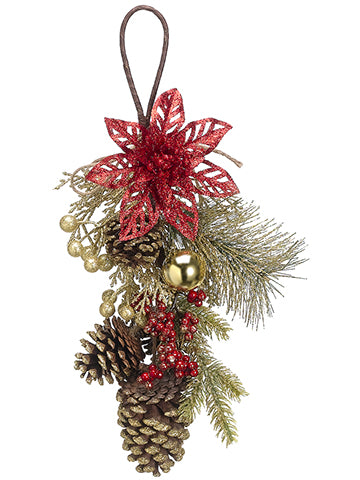 10" Glittered Cone/Berry/Pine Door Hanger Red Gold (pack of 6)