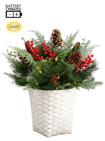 26" Battery Operated Berry/Pine Cone/Berry in Basket With Light Green Red (pack of 1)