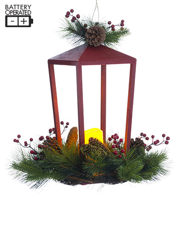 18" Battery Operated Pine/Berry /Pine Cone Lantern With Light Red Green (pack of 1)