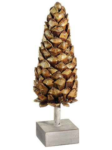 13" Glittered Pine Cone Table Top w/Wood Base Brown Gold (pack of 4)