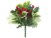 12" Holly/Pine/Cone Bouquet  Green Brown (pack of 6)