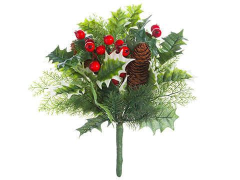 12" Holly/Pine/Cone Bouquet  Green Brown (pack of 6)