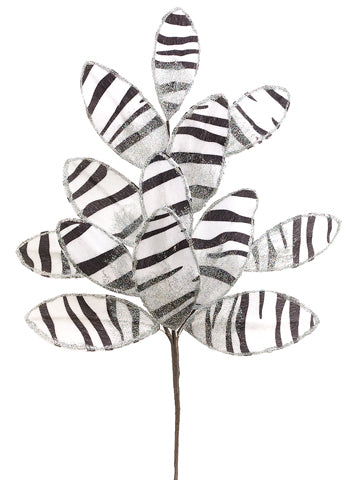 18" Glittered Animal Print Leaf Spray White Black (pack of 24)
