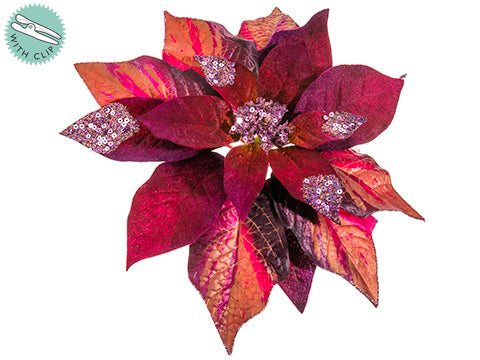 10" Glittered Velvet Poinsettia w/Clip Purple (pack of 12)