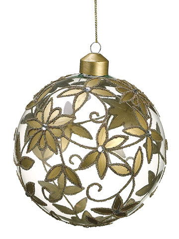 4.75" Rhinestone Beaded Glass Flower Ball Ornament Clear Gold (pack of 6)