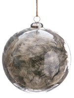 6" Glass Ball Ornament with Fur Clear Brown (pack of 6)