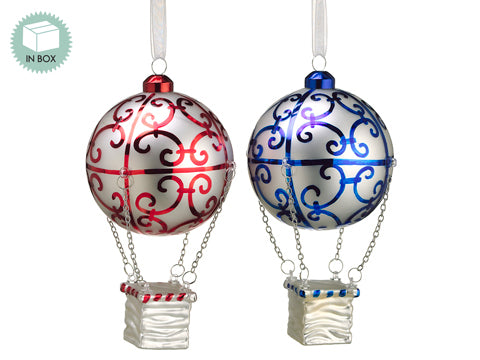 8" Assorted Glass Hot Balloon Ornament x2 in Box Red White (pack of 2)