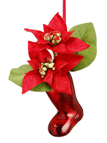 5" Velvet Poinsettia Santa Boot Glass Ornament Red (pack of 12)