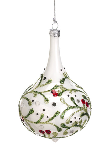 6.5" Mistletoe Glass Teardrop Ornament White Green (pack of 2)