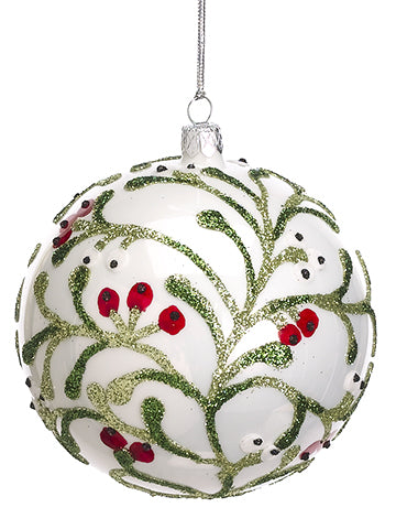 4" Mistletoe Glass Ball Ornament White Green (pack of 2)