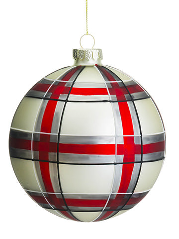 4.75" Plaid Glass Ball Ornament Cream Red (pack of 6)