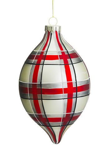 7" Plaid Glass Finial Ornament Cream Red (pack of 6)