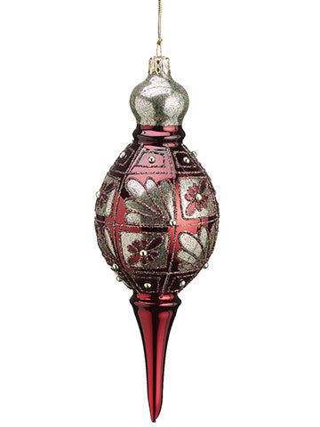 8" Glittered Tapestry Damask Glass Finial Ornament Burgundy Gold (pack of 2)