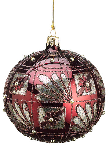 4" Glittered Tapestry Damask Glass Ball Ornament Burgundy Gold (pack of 2)
