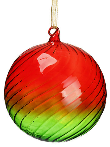 6" Striped Glass Ball Ornament With Gold Ribbon Hanger Red Green (pack of 6)