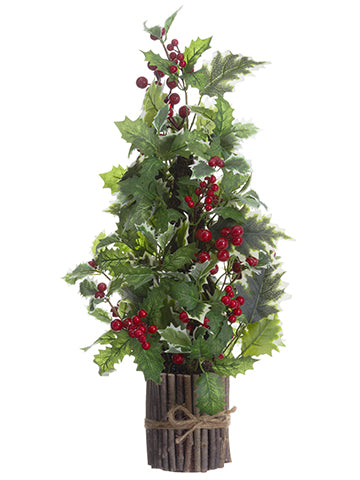 25" Holly/Berry/Pine Cone Topiary in Twig Basket Green Red (pack of 2)