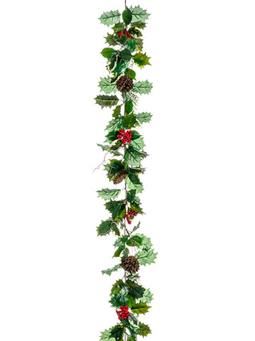 6' Holly/Laurel Garland with Cone and Berry Green Red (pack of 12)