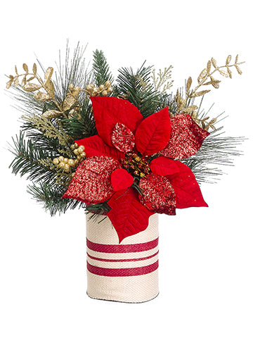 14" Poinsettia/Pine Holiday Arrangement in Fabric Base Green (pack of 4)