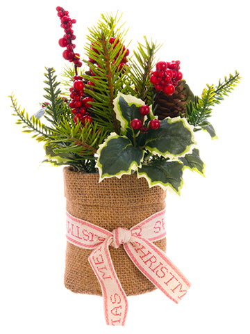 9" Holly/Berry/Pine in Burlap Pot Red Green (pack of 6)