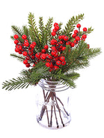 12" Berry/Pinecone/Pine in Glass Vase Green Red (pack of 4)