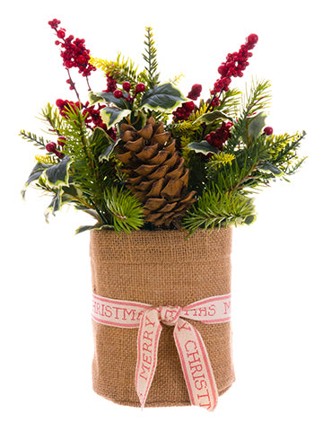 12" Holly/Berry/Pine in Burlap Pot Red Green (pack of 4)
