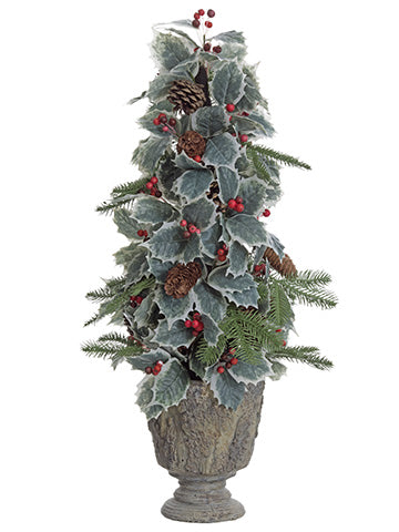 26" Holly/Pine Cone/Pine Topiary in Cement Pot Green (pack of 4)