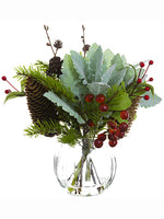 11.5" Berry/Pine Cone/Lamb's Ear Arrangement in Glass Vase Green Red (pack of 4)