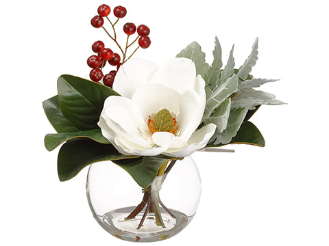10"Hx11"D Magnolia/Berry Arrangement in Glass Vase Cream Red (pack of 4)