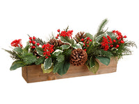 9" Holly/Berry/Pine Cone Arrangements in Wood Box Red Green (pack of 3)
