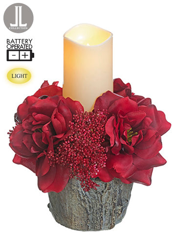 10"Hx9"D Wild Rose/Eucalyptus Seed/ Sedum in Cement Pot With Battery Operated Candle R (pack of 4)