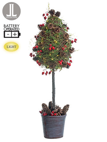 31" Battery Operated Rosehip Topiary in Pot With Cone Red Brown (pack of 1)