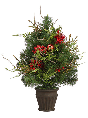 14" Pine/Ornament Tree in Pape Mache Pot Green Red (pack of 4)