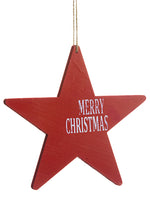 11" Wood Star Merry Christmas Ornament Red White (pack of 24)