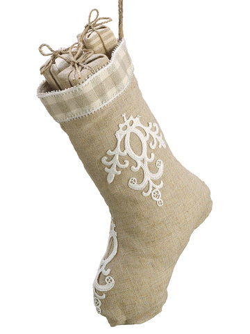 13" Burlap Lace Stocking Ornament Natural White (pack of 6)