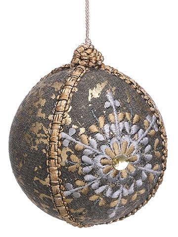 5" Rhinestone Snowflake Embroidered Ball Ornament Gray Gold (pack of 3)