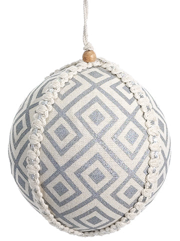 4.5" Geo Print Cotton Ball Ornament Beige Silver (pack of 3)