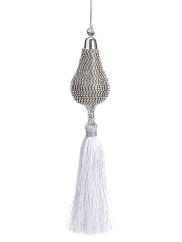 10" Jeweled Pear Tassel Ornament White Silver (pack of 4)
