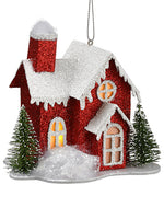 4.75hx4.75"L Battery Operated Glittered House Ornament With LED Warm Light Red White (pack of 6)