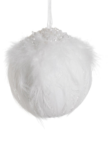 4" Beaded Feather Ball Ornament White (pack of 12)