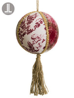 6" Toile/Plaid Ball Ornament  Burgundy Beige (pack of 6)