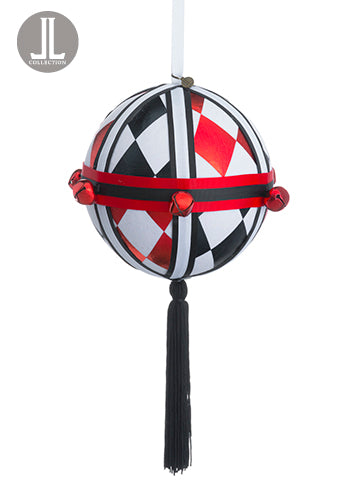 6" Harlequin Pattern Ball Ornament With Bell Red Black (pack of 6)