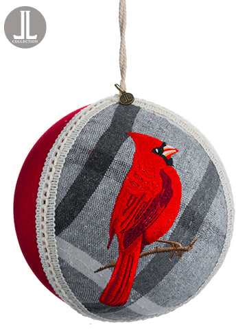 6" Cardinal Ball Ornament  Gray Red (pack of 6)