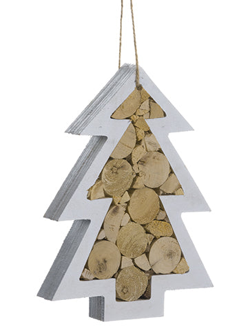 8" Wood Tree Ornament  White Brown (pack of 12)