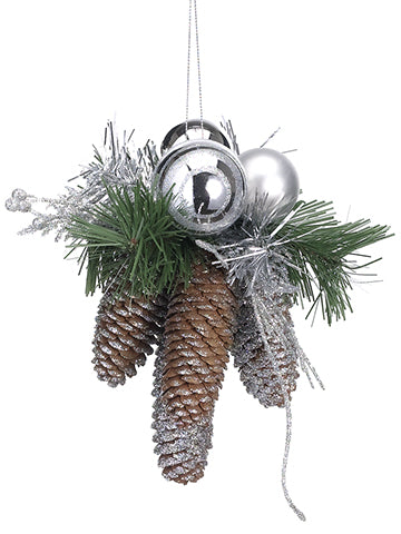 8"glittered Pine Cone/Ball/Pine Ornament Silver Green (pack of 12)