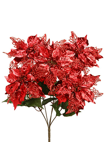 22" Glittered Metallic Poinsettia Bush x5 Red (pack of 12)