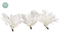 3.1"Wx3.9"L Glitter/Pearl Feather Flower w/Clip (3 ea./set) White Glittered (pack of 6)